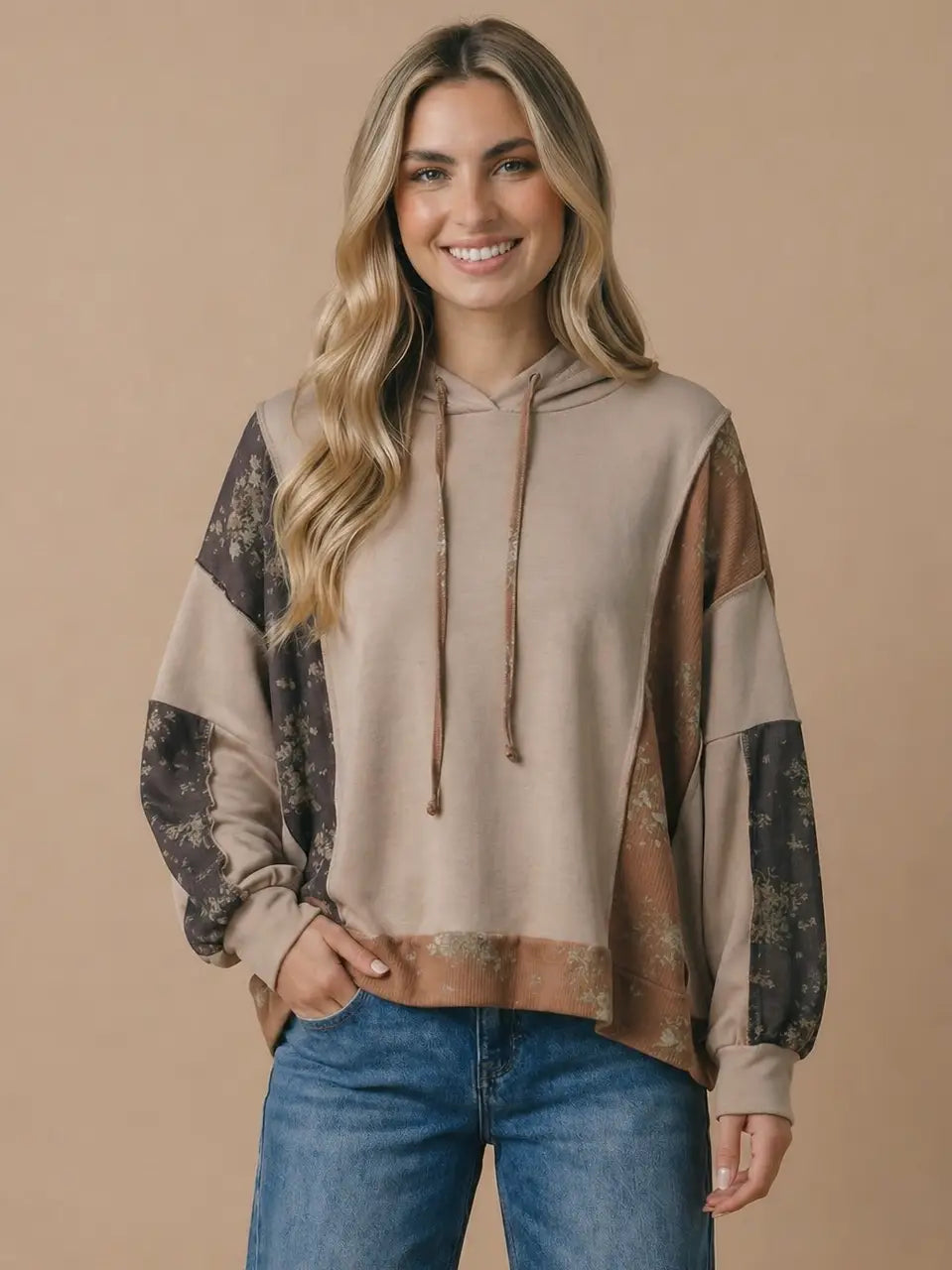 Floral Color Block Oversized Hoodie Top