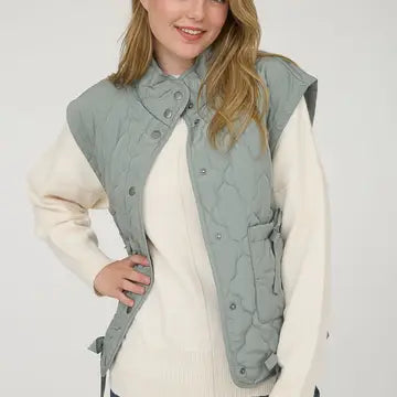 Tie Detail Snap Button Down Quilted Puffer Vest