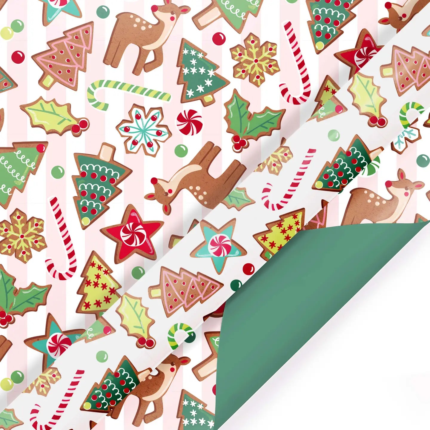 30" X 10' Reversible Holiday Wrapping Paper | Sweet Cookies/Solid Green
