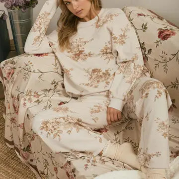 Floral Toile Long Sleeve Crew Neck Knit Top