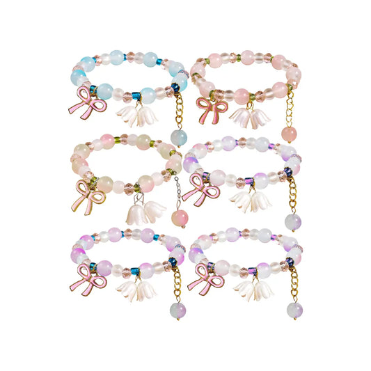 Coquette Pink Ribbon Bellflower Charm Bracelet