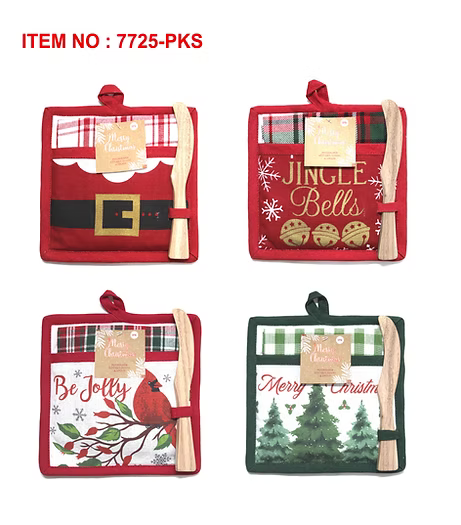 3-Pack Holiday Pot Holder, Mixing Stick, & Towel, Asst