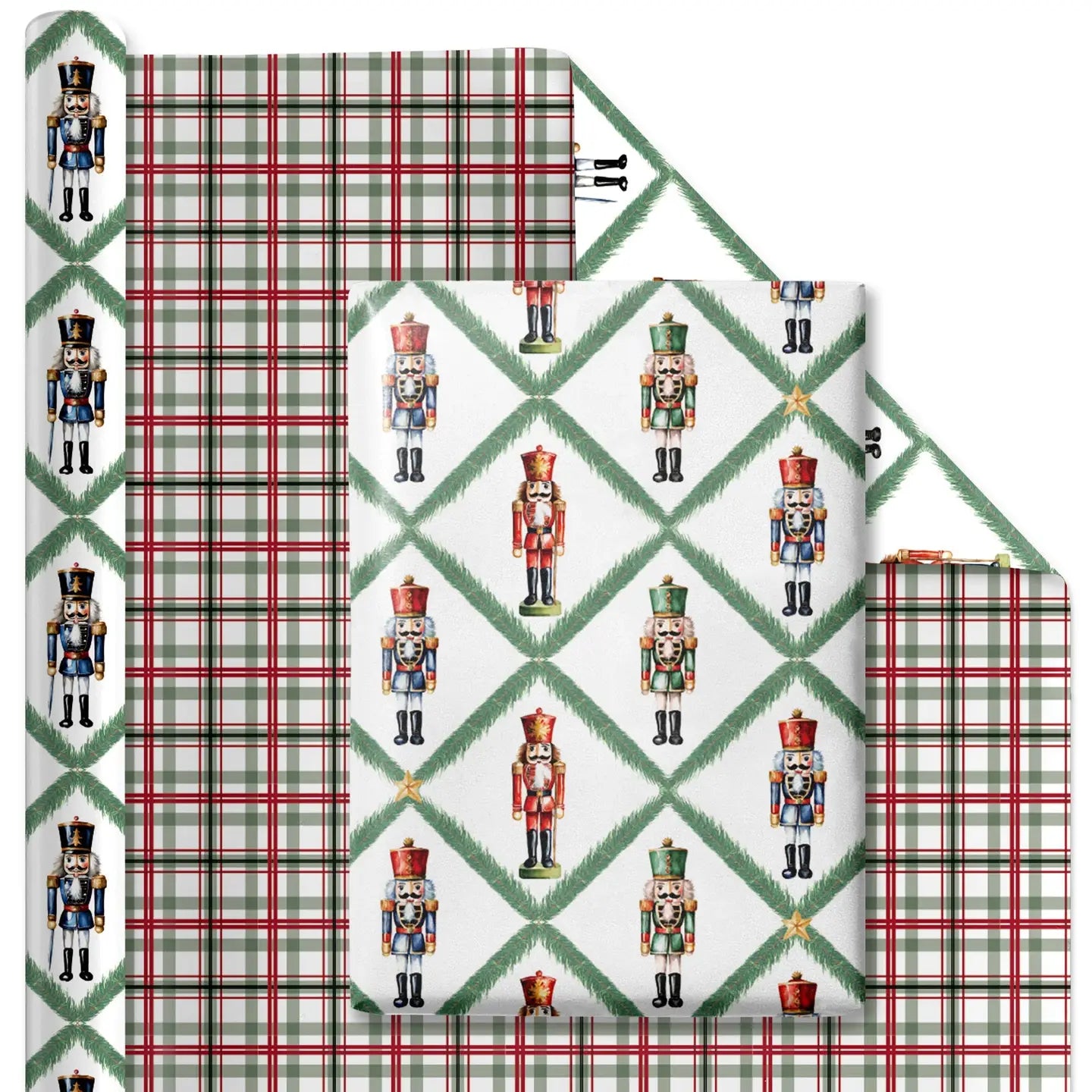 30" X 10' Reversible Holiday Wrapping Paper | Norfolk Pine Nutcracker/Small Red and Green Plaid