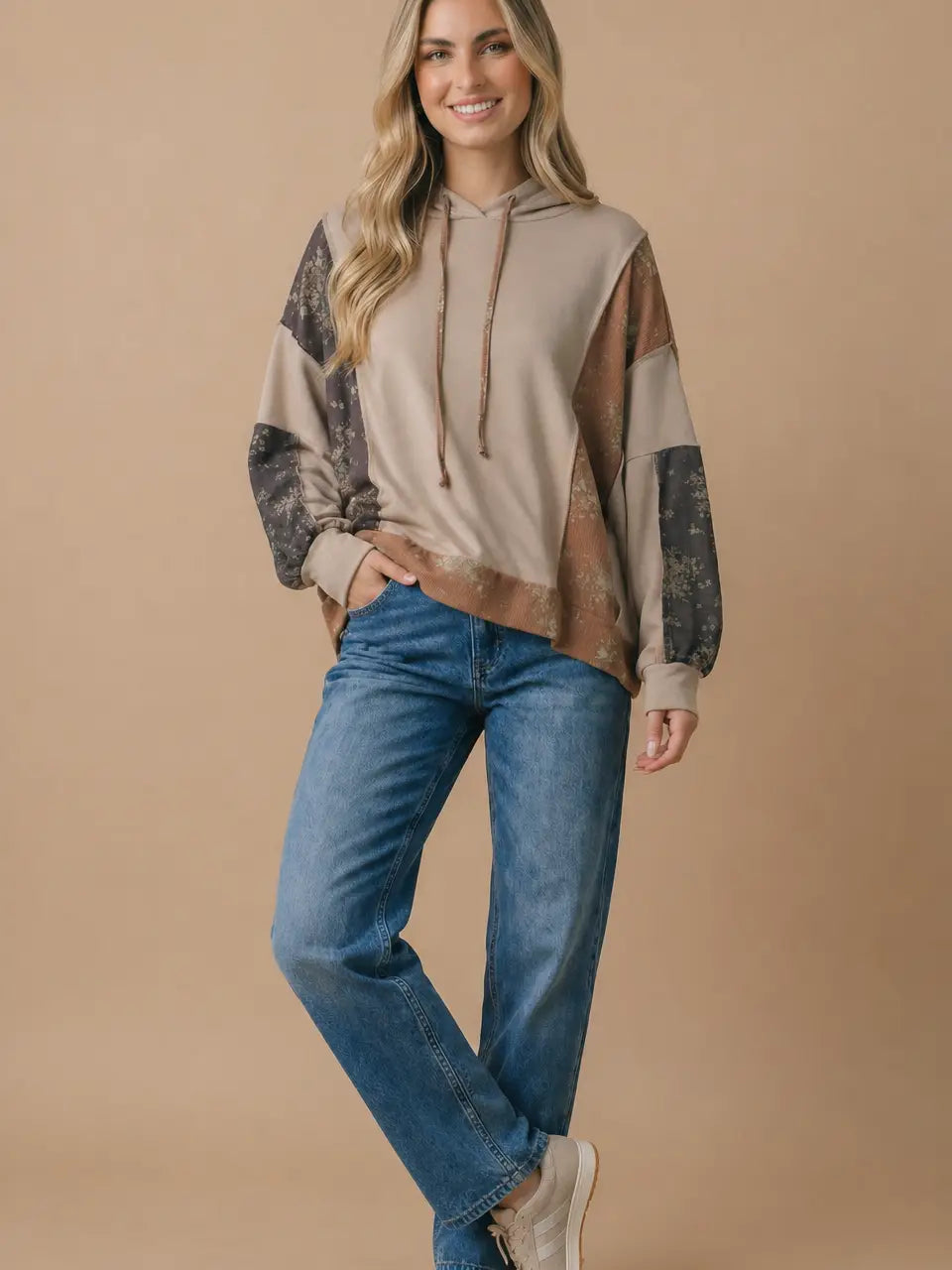 Floral Color Block Oversized Hoodie Top