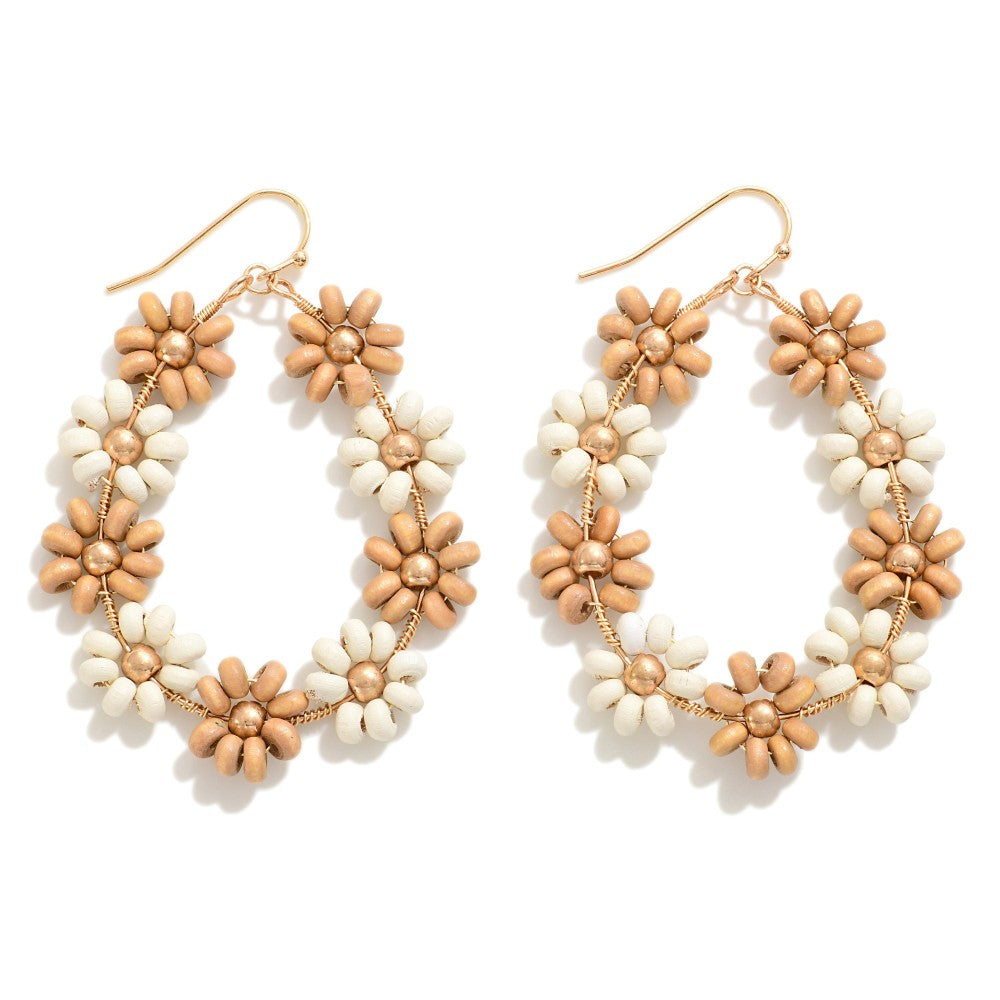 Beaded Flower Drop Earring With Gold Tone Accent