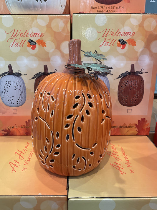 Fall Leaves Ceramic LED Pumpkin