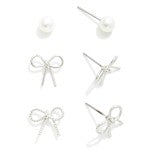 Set of Three Stud Earrings Featuring Metal Bows and Simple Pearl Studs