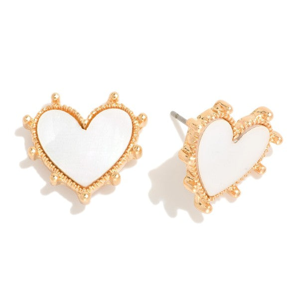 Pearlescent Heart Stud Earrings Featuring Metal Tone Studded Borde