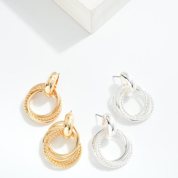 Layered Textured Metal Hoop Door Knocker Post Drop Earrings