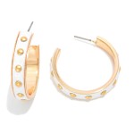 Metal Tone Leather Hoop Drop Earrings Featuring Gold Tones