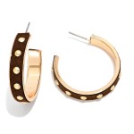 Metal Tone Leather Hoop Drop Earrings Featuring Gold Tones