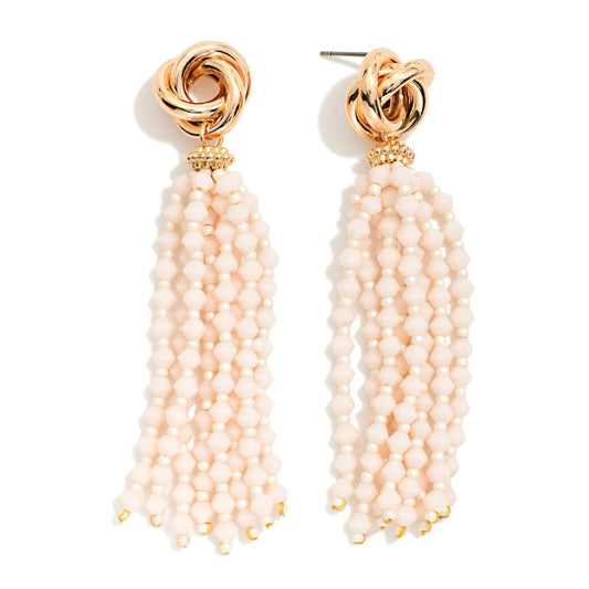 Metal Tone Knot & Beaded Tassel Post Drop Earrings