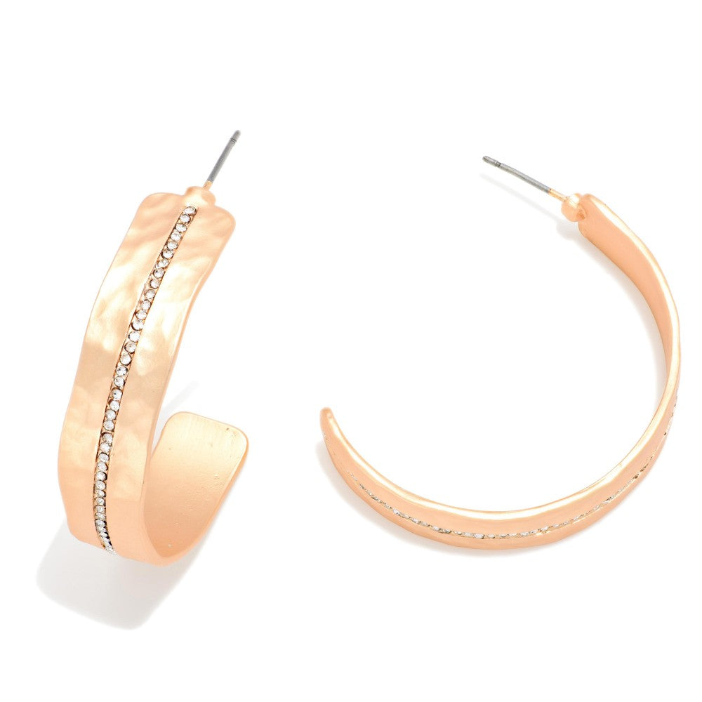 Flat Hammered Metal Half Hoop Earrings Featuring Rhinestone Line Accent