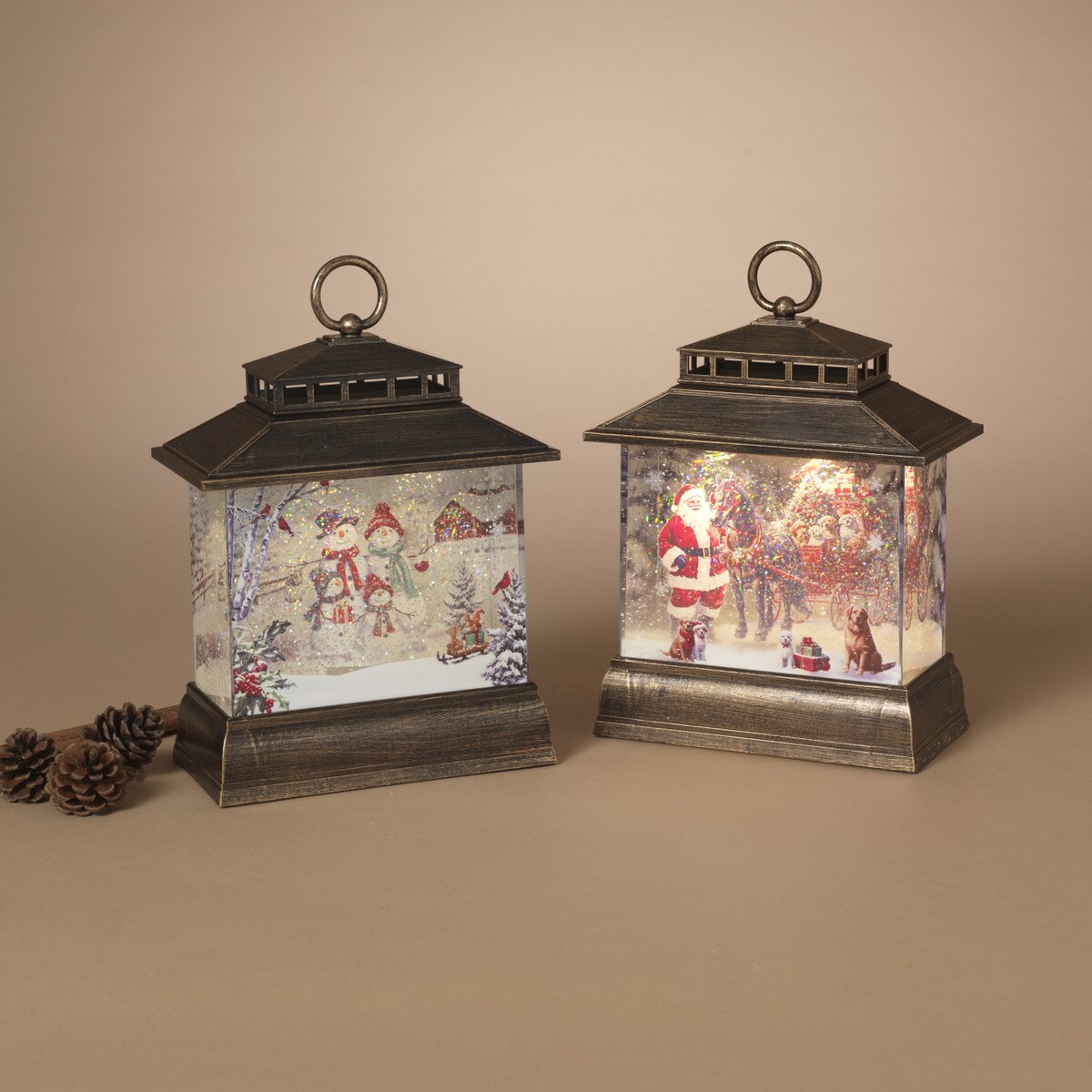 9.06"H B/O Lighted Spinning Water Globe Lantern w/ Timer, 2 Asst