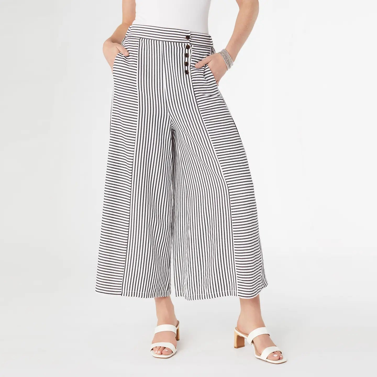 Striped Textured Pants with Side Button