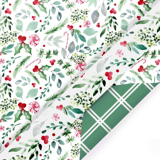 30" X 10' Reversible Holiday Wrapping Paper | Watercolor Holly/Green and White Lattis