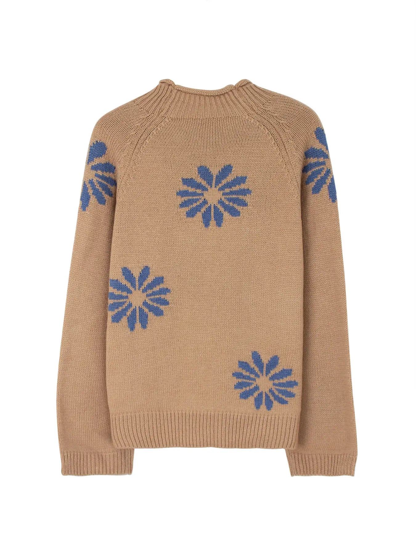 Vintage Blue Daisy Pattern Ribbed Knit Sweater