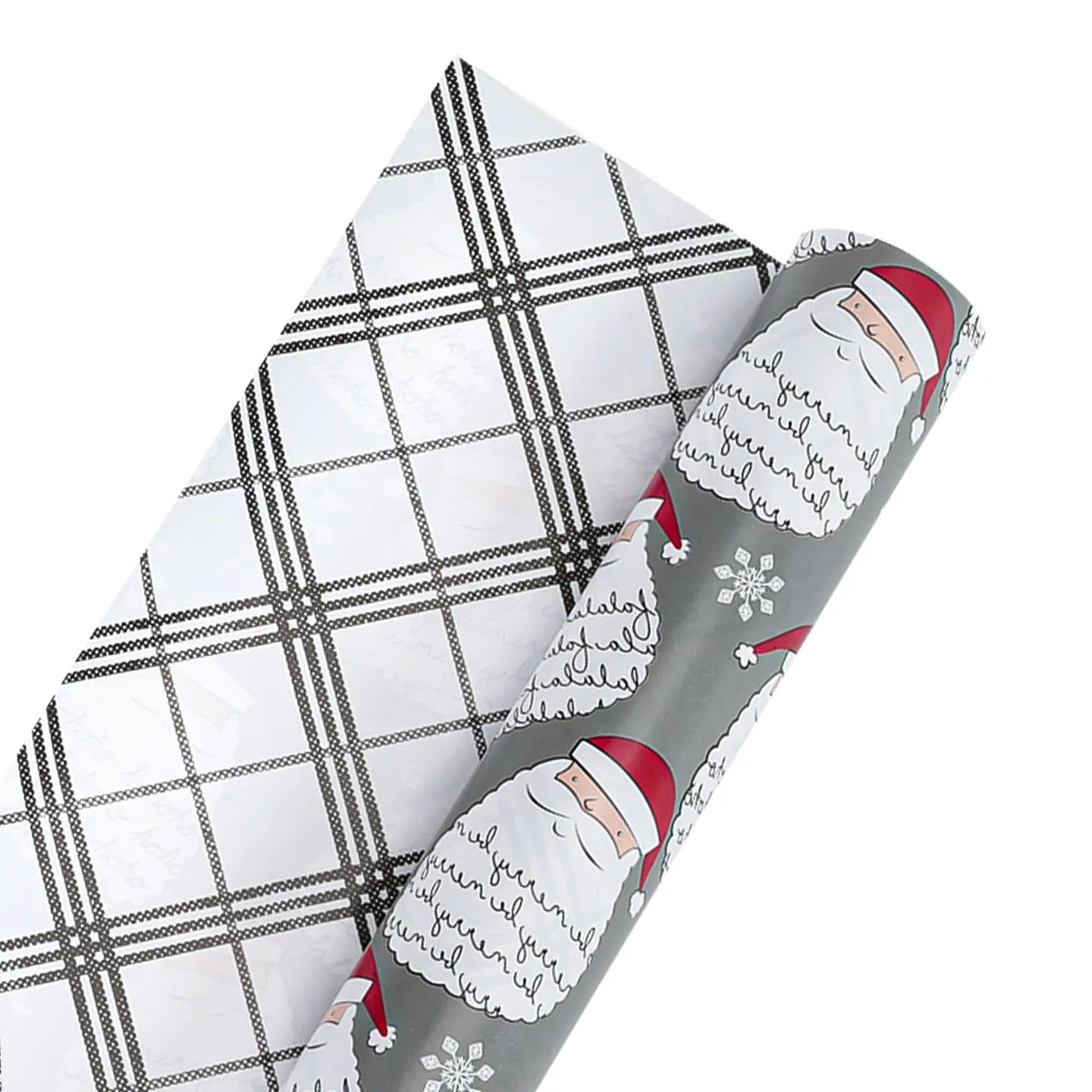 30" X 10' Holiday Reversible Wrapping Paper | Merry Santa Face/Black and White Plaid