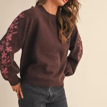 Pullover Sweater with Floral Embroidered Sleeves