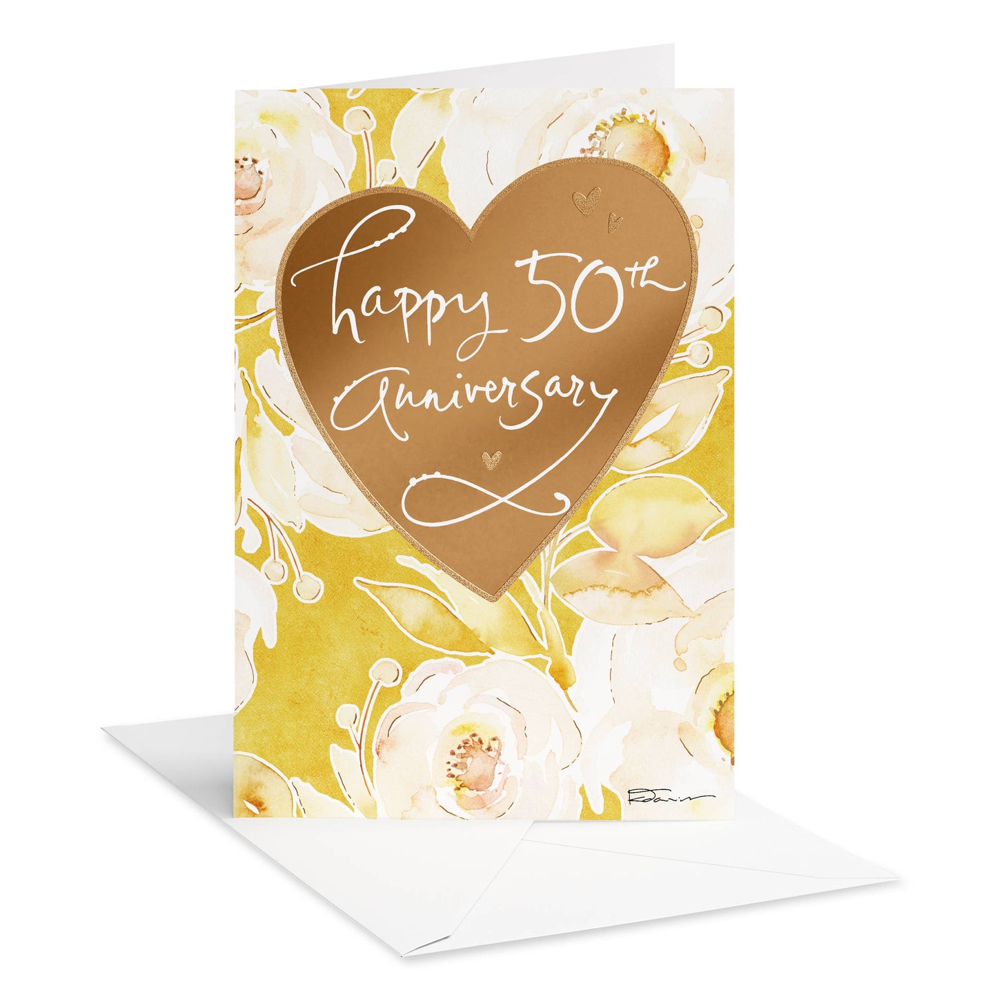50th Anniversary Card (Gold Heart and Roses)