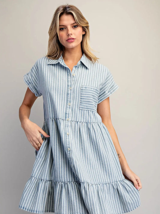 Striped Button Down Tiered Mini Dress