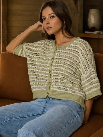 Stripe Short Sleeve Crochet Knit Cardigan