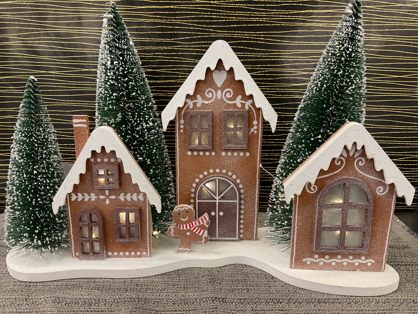 Lighted Wood Gingerbread House with Trees
