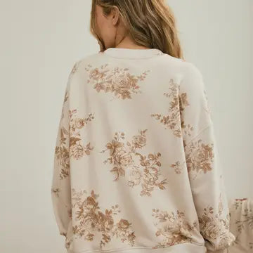 Floral Toile Long Sleeve Crew Neck Knit Top