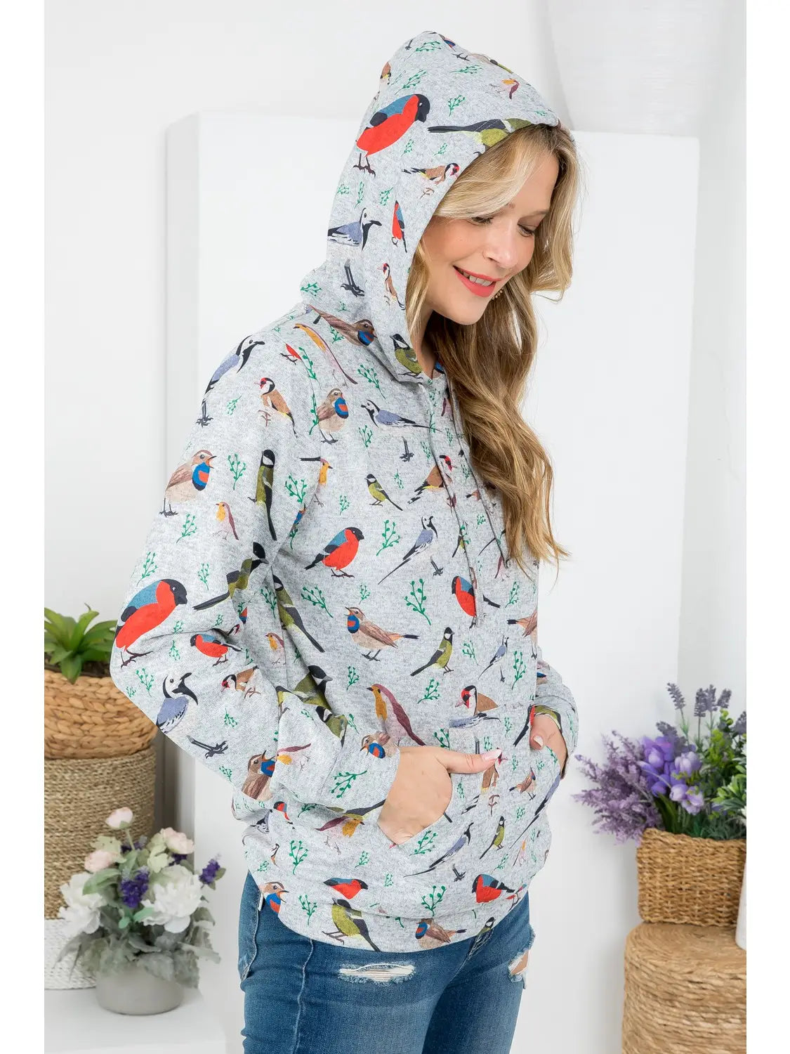 Bird Print Hoodie with Pocket