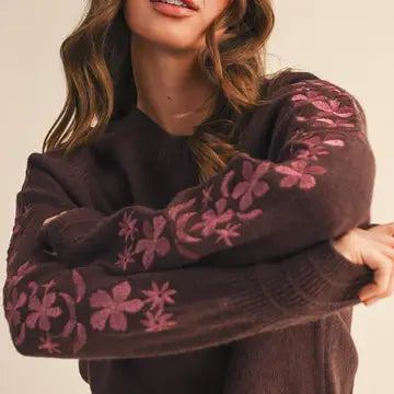 Pullover Sweater with Floral Embroidered Sleeves