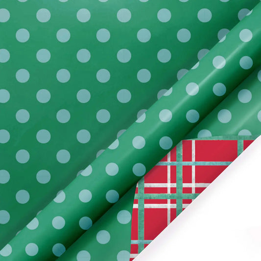 30" X 10' Reversible Holiday Wrapping Paper | White Dot On Green/Watercolor Plaid