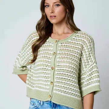 Stripe Short Sleeve Crochet Knit Cardigan