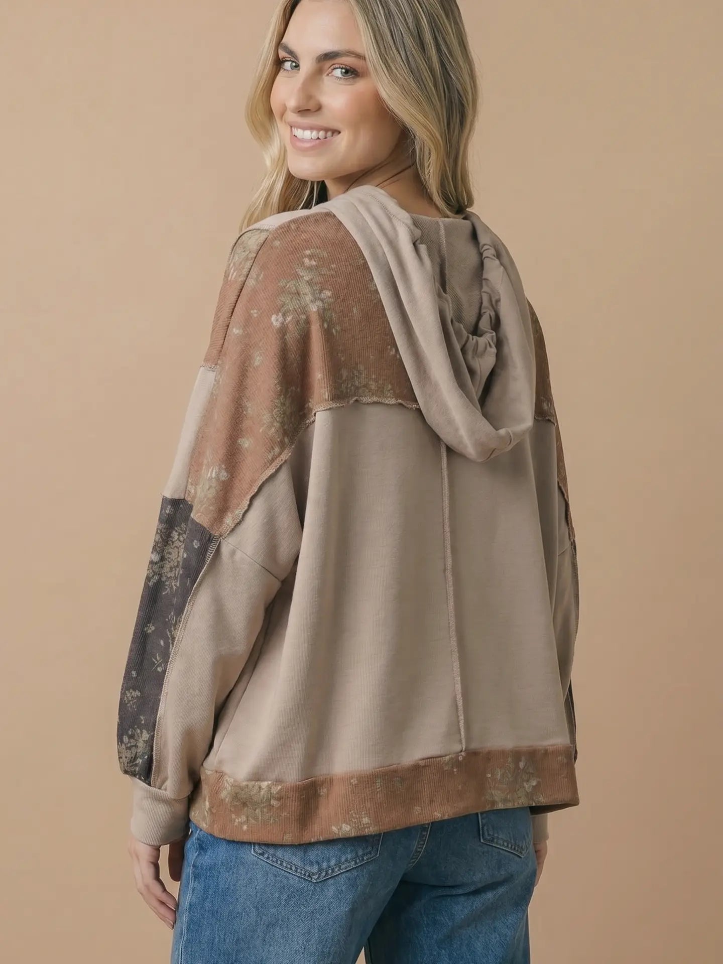 Floral Color Block Oversized Hoodie Top