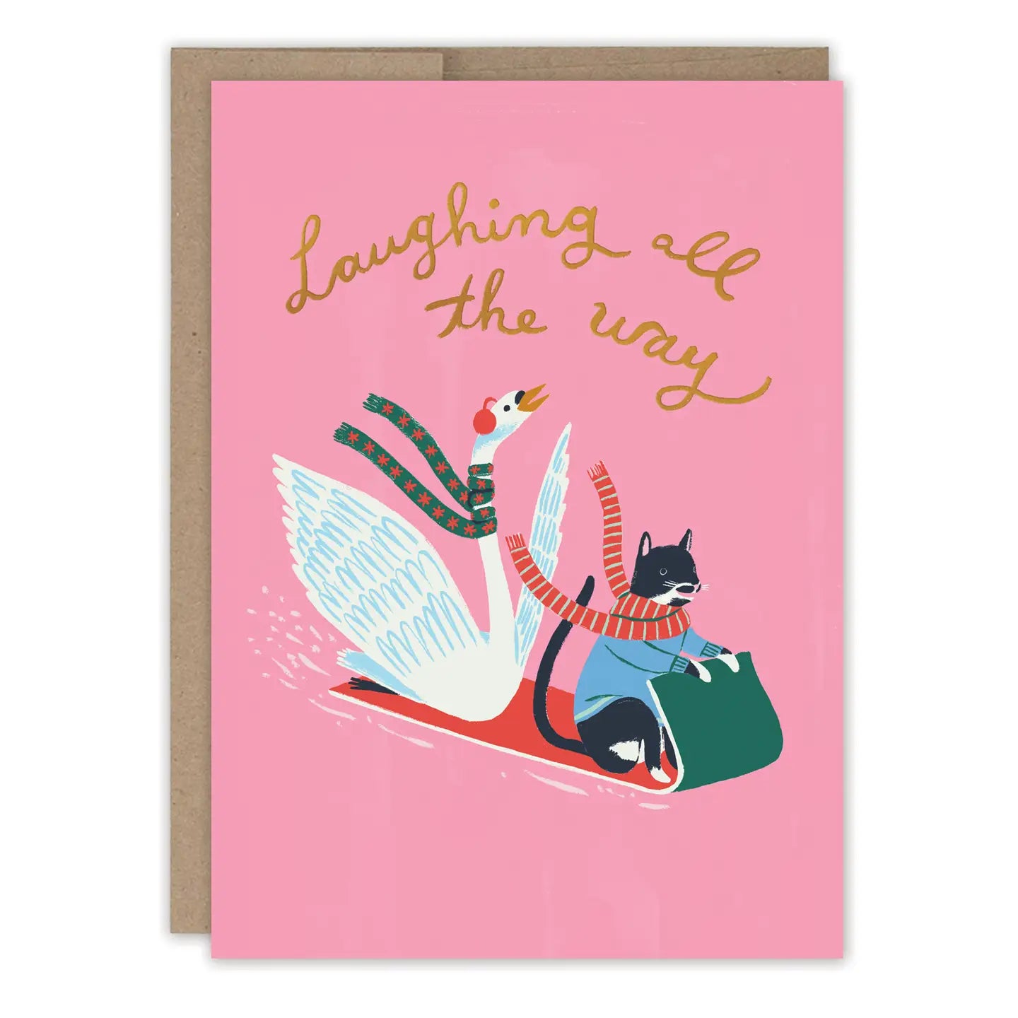 Laughing All the Way Swan & Cat Holiday Card