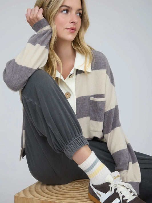 Washed Stripe Contrast Collar Long Sleeve Knit Top