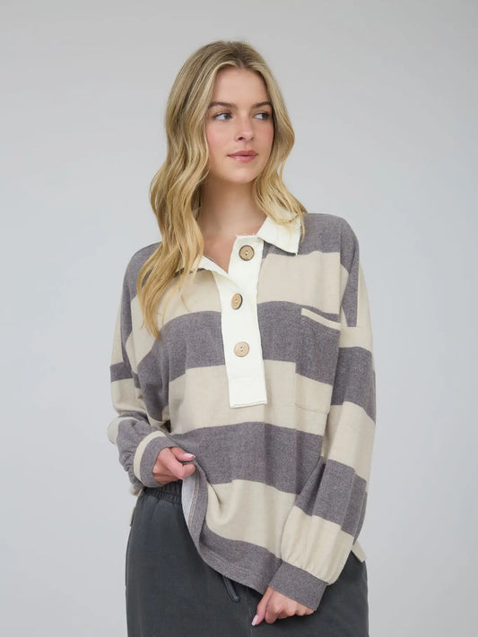 Washed Stripe Contrast Collar Long Sleeve Knit Top