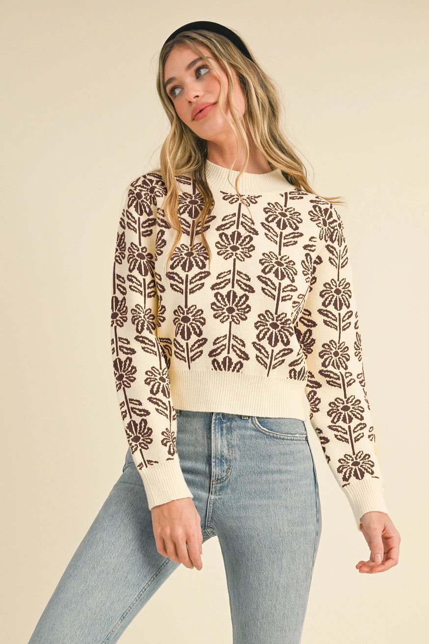 Brown Floral Pattern Knit Sweater