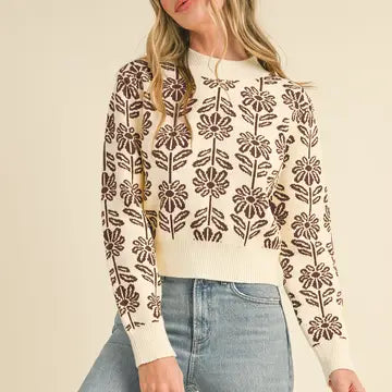 Brown Floral Pattern Knit Sweater