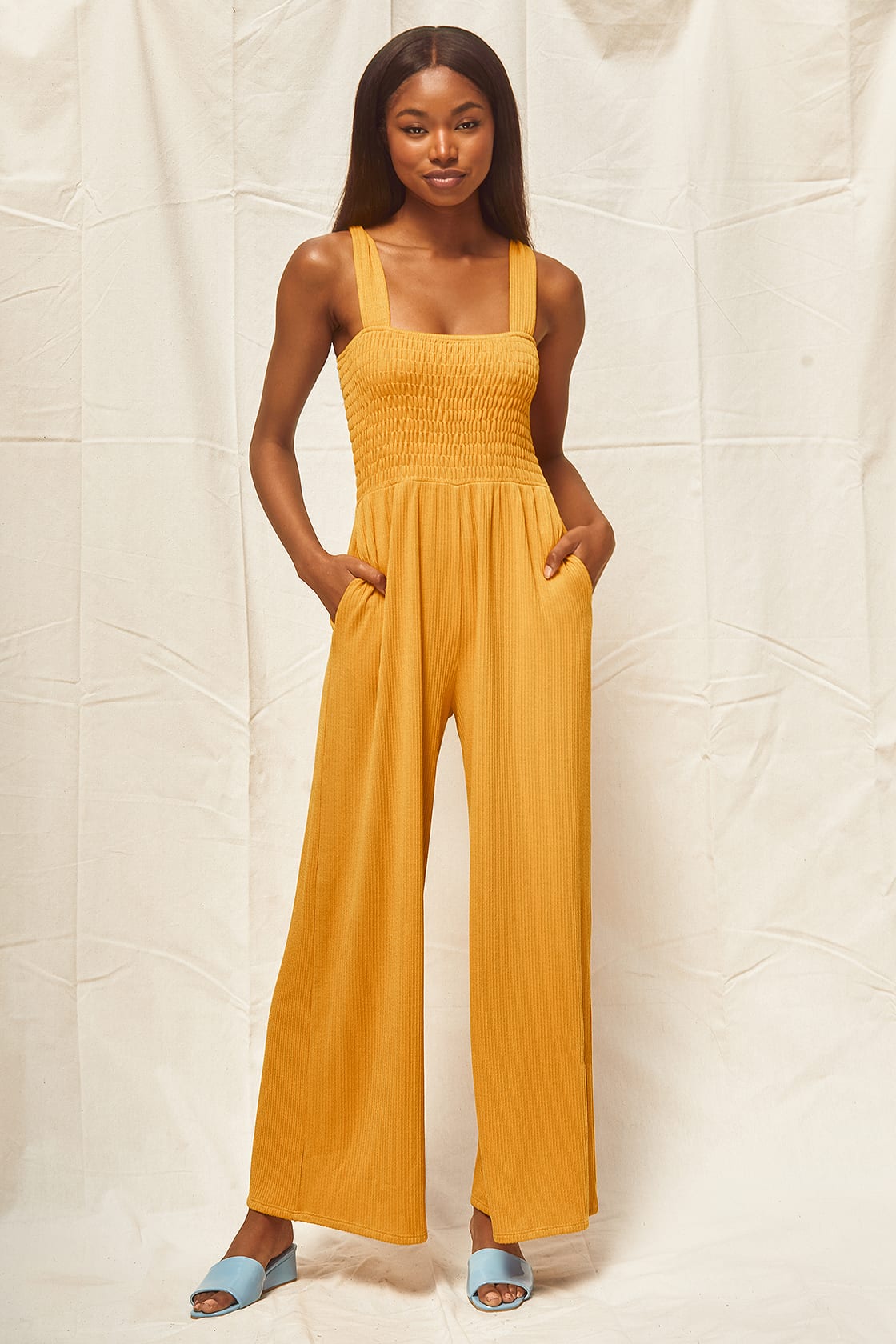 Solid Color Smocked Cami Jumpsuit
