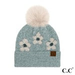 Daisy Pattern Beanie With Pom