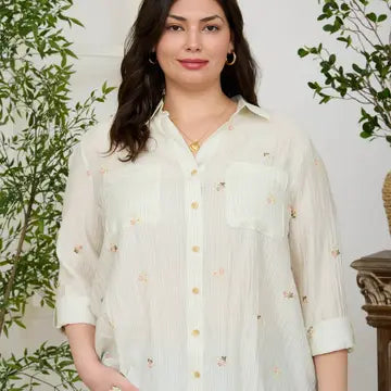Stripe Floral Embroidery Long Sleeve Top
