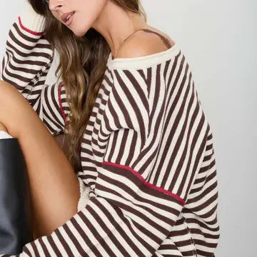 Stripe Contrast Stitch Raw Edge Knit Sweater