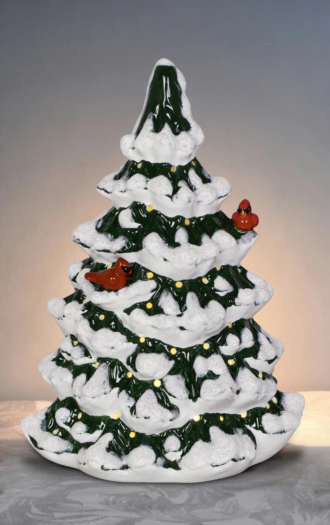 Cardinals on Frosted Pines LED Ceramic Tree - 8"