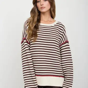 Stripe Contrast Stitch Raw Edge Knit Sweater