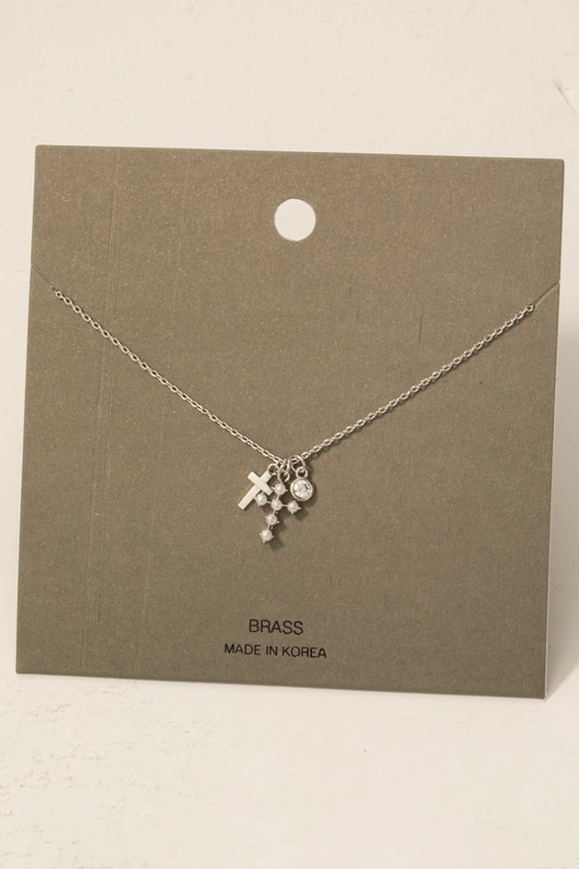 Pearl Cross and Gem Charms Chain Necklace
