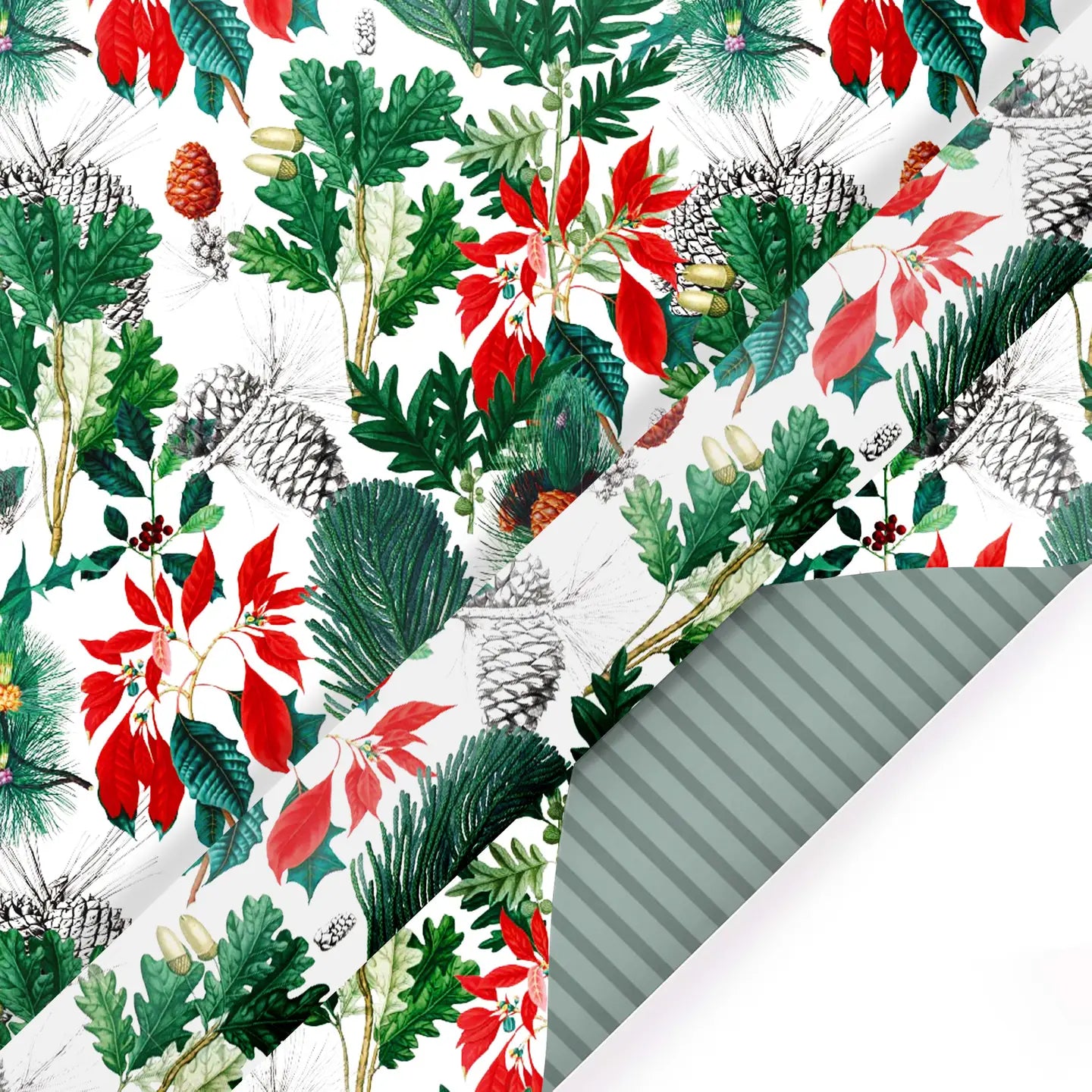 30" X 10' Reversible Holiday Wrapping Paper | Holiday Botanical/Green Tone On Tone Diagonal Stripe
