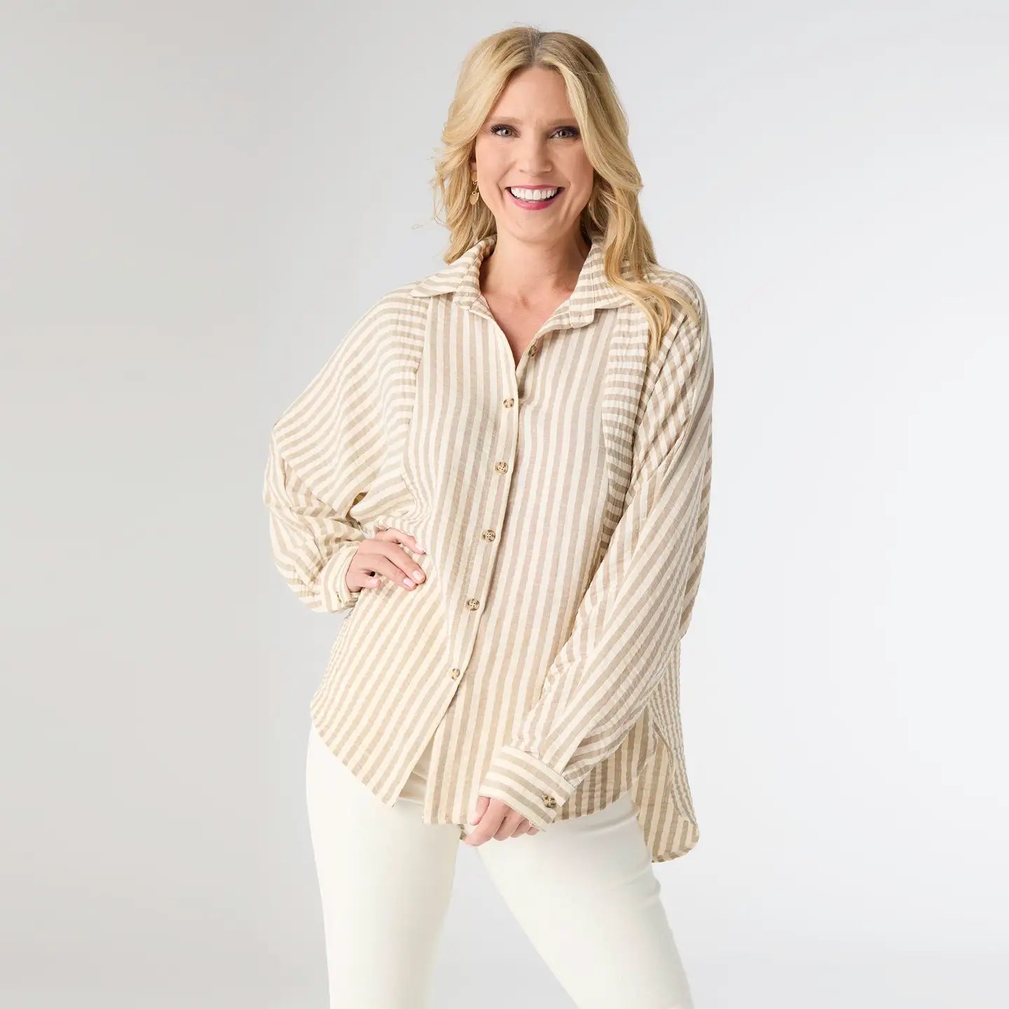 Relaxed Fit Button Front Striped Top