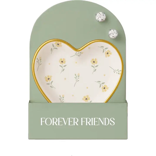 Forever Friends - Sterling Silver Cz Earring and Dish Set