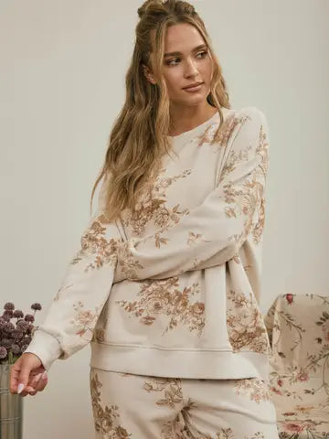 Floral Toile Long Sleeve Crew Neck Knit Top