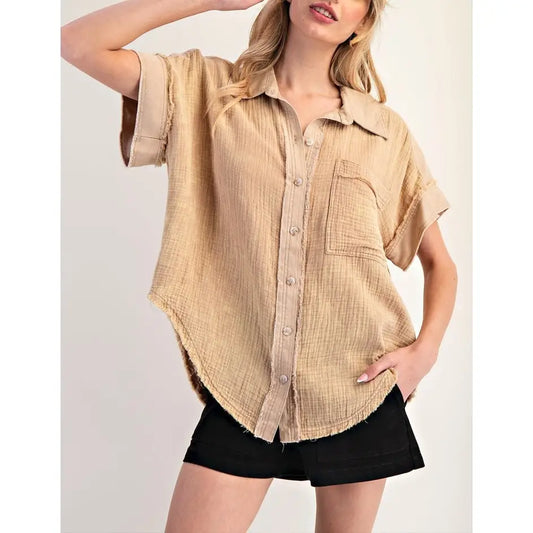 Contrasting Mineral Washed Cotton Gauze Top